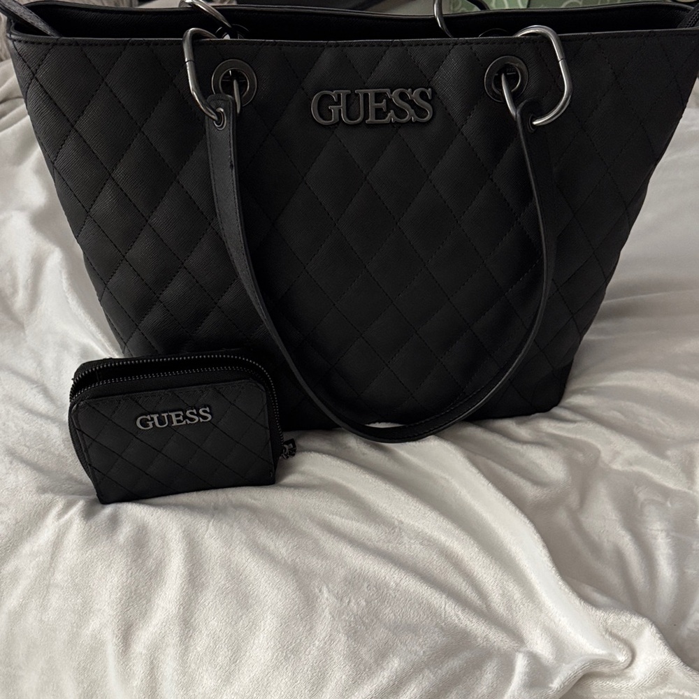GUESS Black Quilted Tote with Matching Coin Pouch